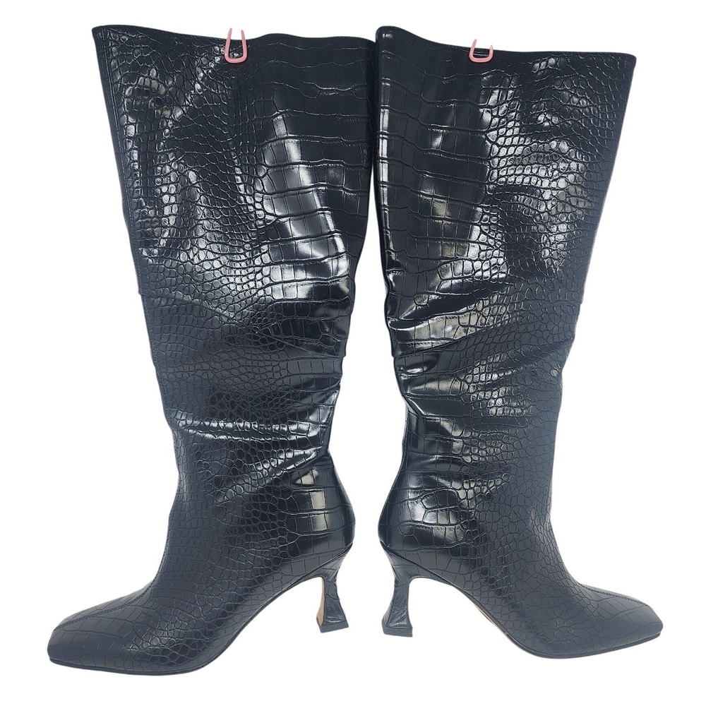Womens Black Croc Embossed Knee High Boots Square Toe Flared Kitten Heel Size 8